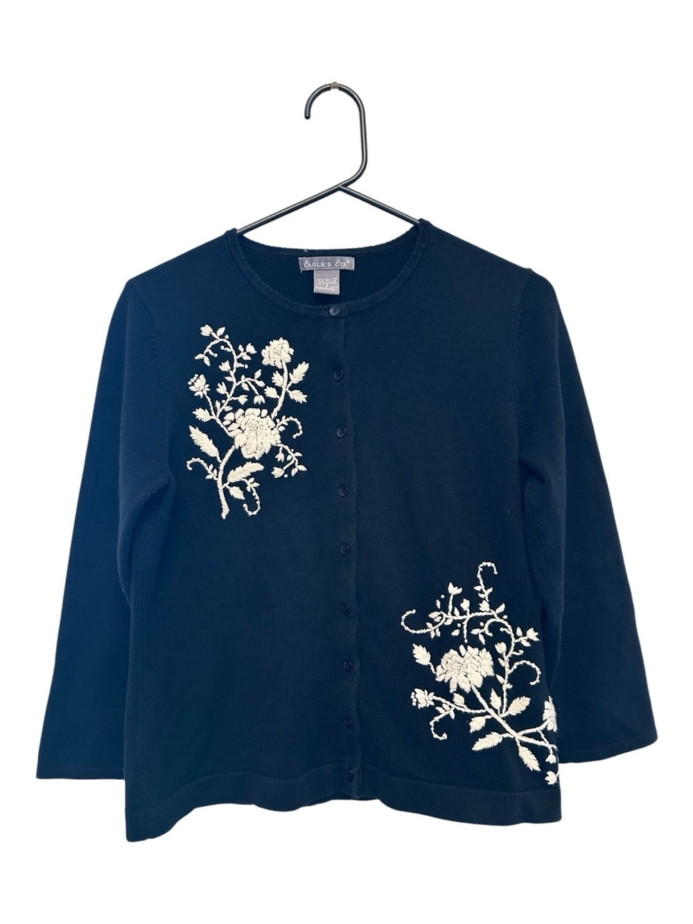 Vintage Y2K Eagle’s Eye Navy Blue Cardigan with Cream Floral Embroidery Small